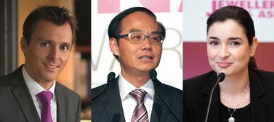 (左起)Gubelin集團總裁Raphael Gubelin、周大福珠寶集團有限公司董事總經理黃紹基、力拓鉆石部市場及銷售大中華代表處經理馬麗詩